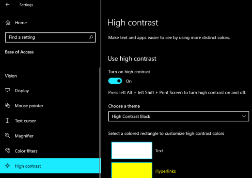 Indstillinger for stor kontrast i Windows med den sorte stor kontrast markeret.