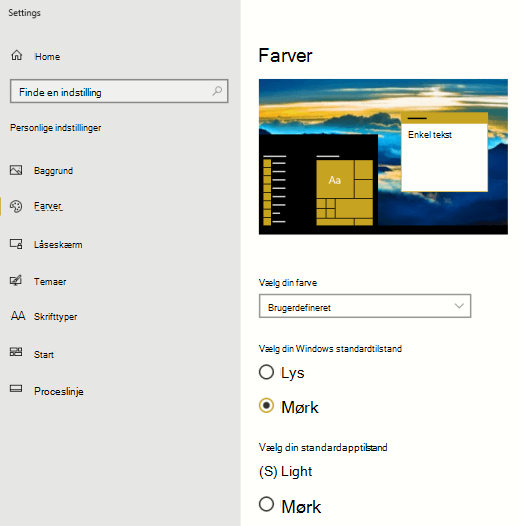 Standardindstillingerne for farvetilstande for Windows og apps.