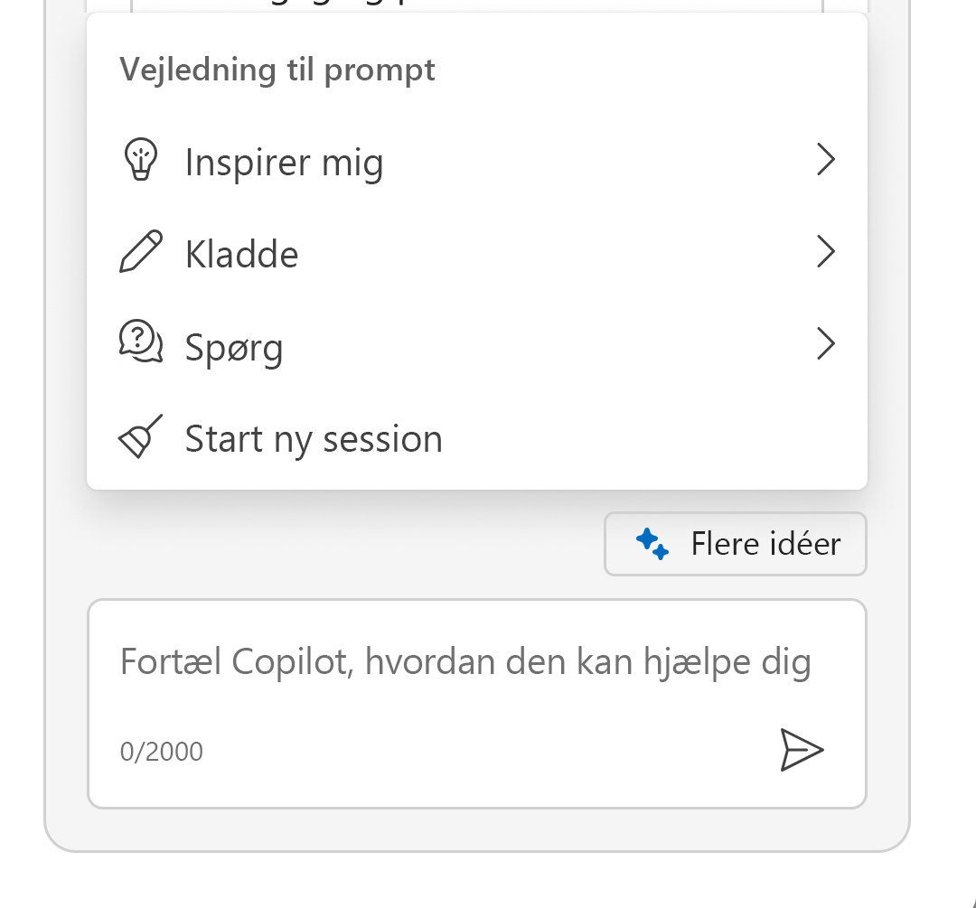 Skærmbillede viser Sparkle-menu udvidet for at vise promptvejledningen.