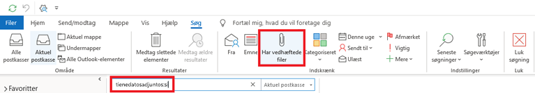 Søgekriterierne "Fra", "Emne", "Har vedhæftede filer"