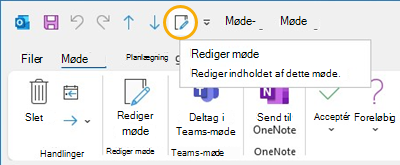 Knappen Rediger møde værktøjslinjen Hurtig adgang i Outlook