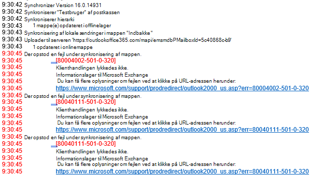 Liste over fejl i Outlook-logfil