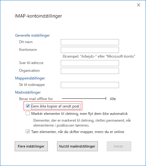 IMAP-kontoindstillinger. Gem ikke kopier af sendt post