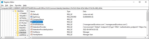 Skærmbillede af registreringseditor og sti, når Outlook stopper