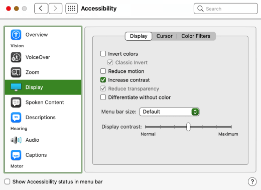 Indstillingen Forøg kontrast valgt i macOS.