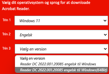 Vindue, der viser rullelisten over Adobes installationsversioner.