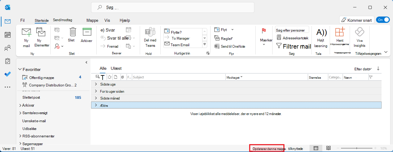 Delt postkasse i Outlook med opdatering af denne mappe i cirkel i et rødt felt