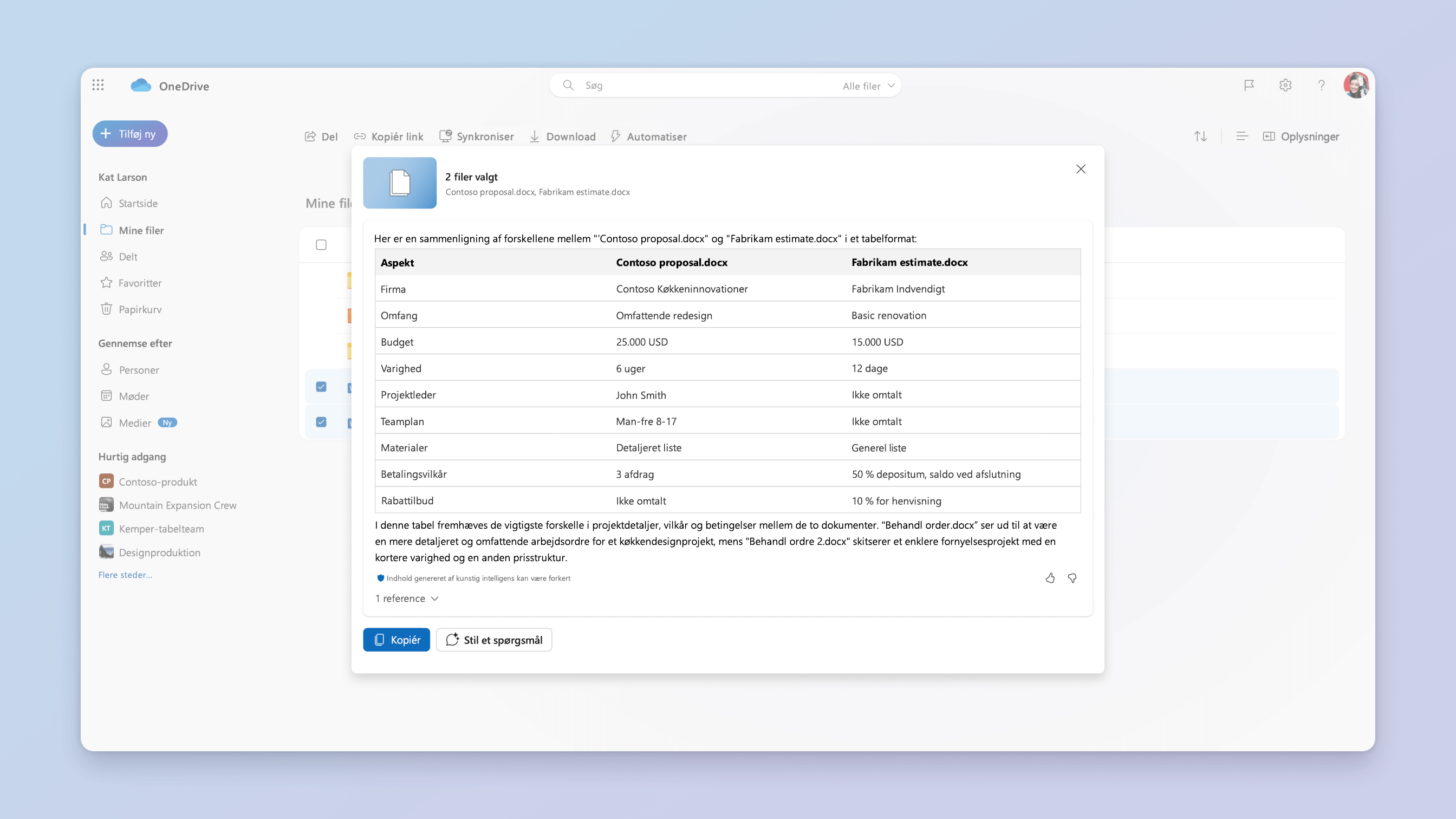 skærmbillede af scenariet med sammenligning af filer for Copilot i OneDrive
