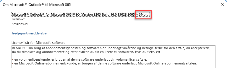 Vindue, der viser oplysninger om Microsoft Outlook.