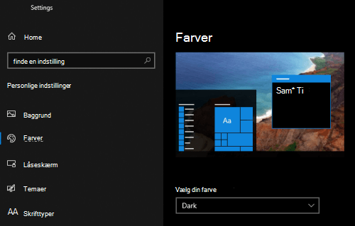 Den mørke Windows-tilstand, der er valgt i tilpasningsindstillingerne på en pc.