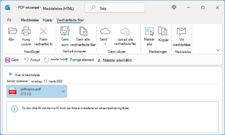 Fejl i PDF-fil, når du forsøger at vise fra Outlook