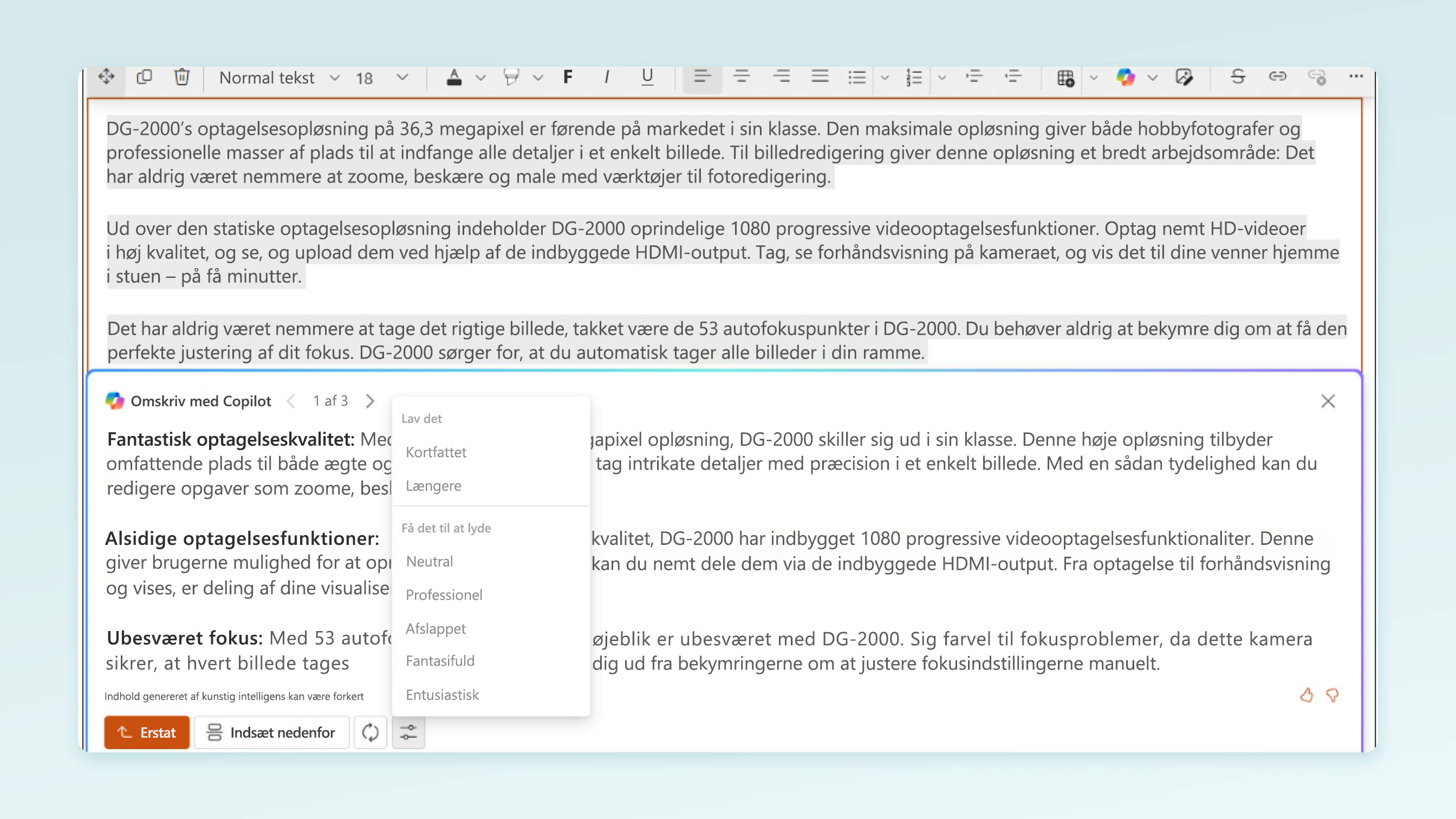 Skærmbillede af Skriv med Copilot i SharePoint med RTF-editor til landingssiden