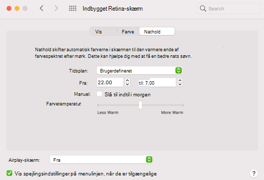 Indstillingen Nathold valgt i macOS.