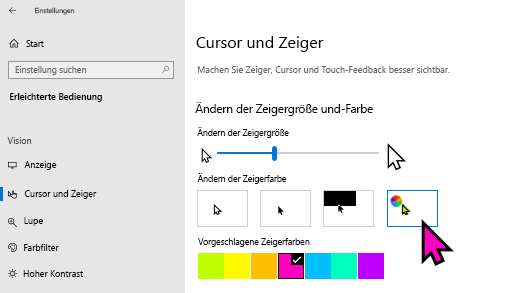 Ändern der Größe und Farbe des Zeigers in Windows 10 App "Einstellungen"