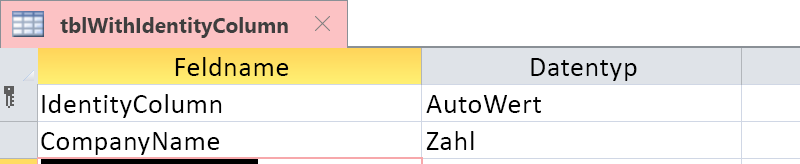 Zeigen, dass die Identitätsspalte als ein AutoWert-Feld identifiziert wird