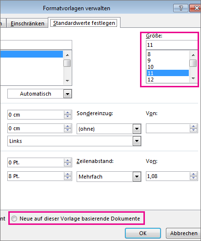 Registerkarte 'Standardwerte festlegen' im Dialogfeld 'Formatvorlagen verwalten'