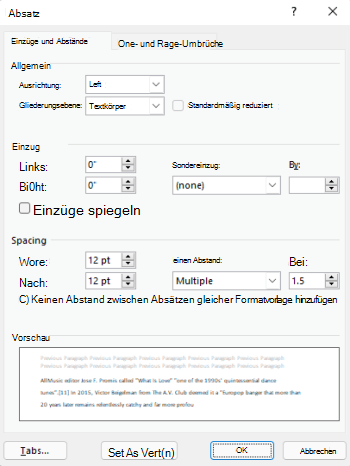 Absatzdialogfeld in Outlook.