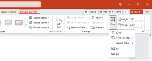 Screenshot: Optionen für das Bildformat im Menüband und zuschneiden, die in Microsoft PowerPoint geöffnet sind