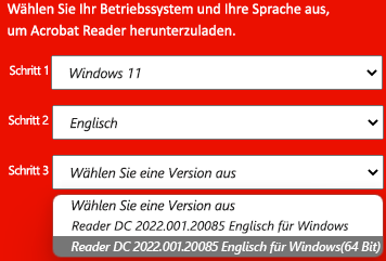 Fenster mit der Dropdownliste der Adobe-Installationsversionen.