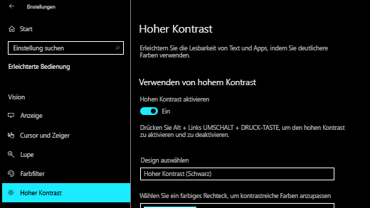 Aktivieren Sie hohen Kontrast in Windows 10 Einstellungs-App.