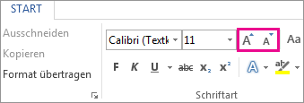 Feld zum Vergrößern und Verkleinern des Schriftgrads auf der Registerkarte 'Start'