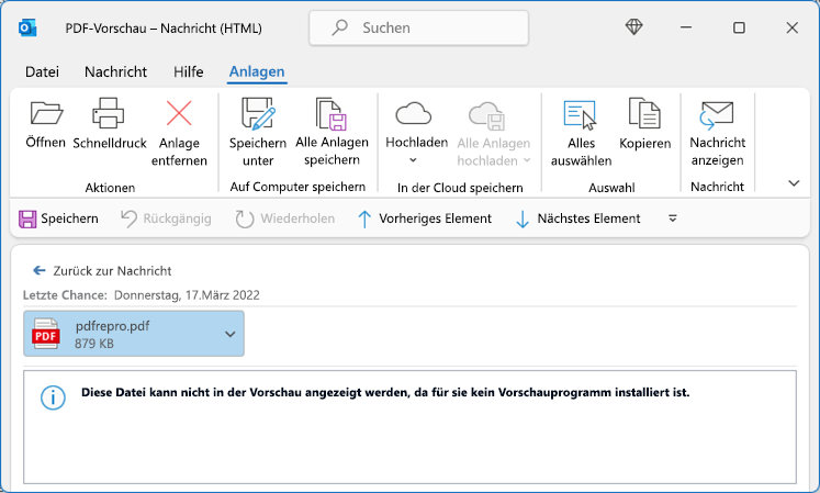 Fehler in PDF beim Versuch, aus Outlook anzuzeigen