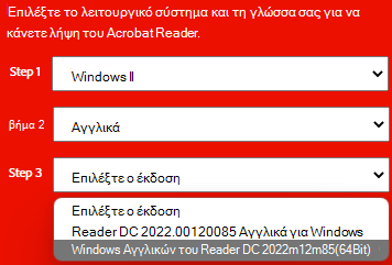 Παράθυρο που εμφανίζει την αναπτυσσόμενη λίστα των εκδόσεων εγκατάστασης του adobe.