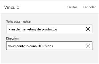 Cuadro de diálogo Vínculo que muestra los campos Texto para mostrar y Dirección.