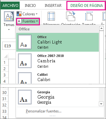 Galería de fuentes en la pestaña Diseño de página.