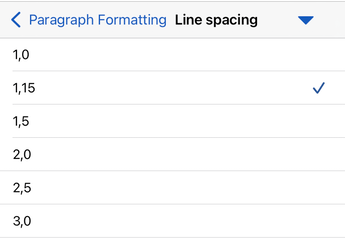 Opciones de interlineado en Word para iOS.