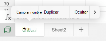 Opción Cambiar nombre de hoja en Excel para iOS.