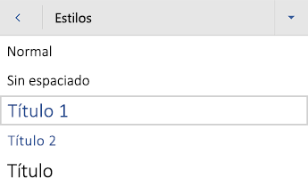 Word para Android menú estilos de título.