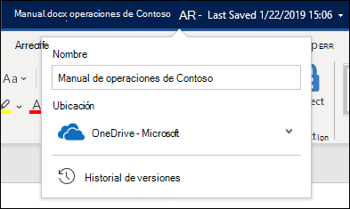 El menú desplegable del título del documento en Word para Office 365