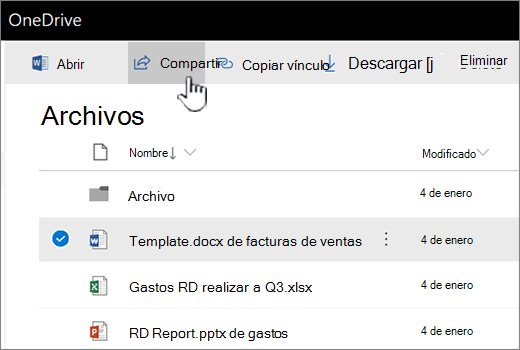 OneDrive con el botón de archivo seleccionado y el botón compartir en inserción