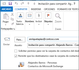 Borrador de la invitación para compartir contactos fuera de la organización