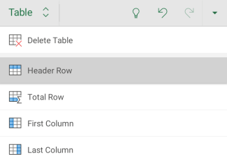 Opción Fila de encabezado seleccionada para una tabla de Excel para Android.