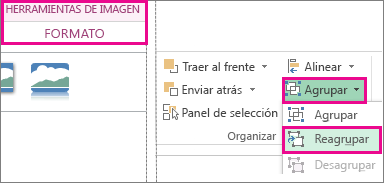 Botón Reagrupar en la ficha Formato en Herramientas de imagen