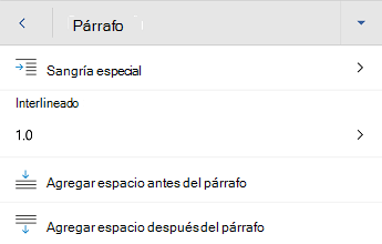 Word para Android menú formato de párrafo.
