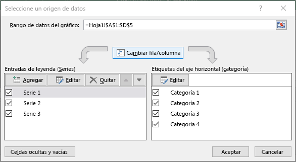 Muestra el cuadro de diálogo Seleccionar datos en PowerPoint