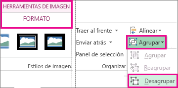 Botón Desagrupar en la ficha Herramientas de imagen