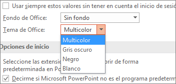 Muestra las opciones de tema de Office en PowerPoint 2016