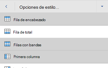 Word para Android menú de opciones de estilo de tabla, con fila de encabezado seleccionada.