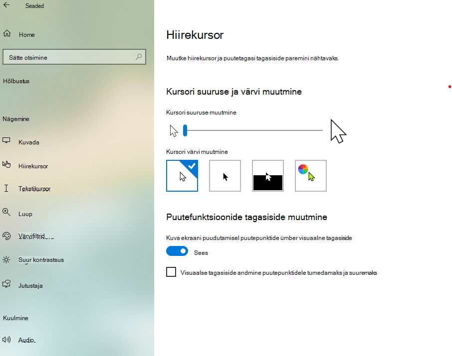 Kursori suuruse ja värvi muutmine rakenduses Windows 10 Sätted