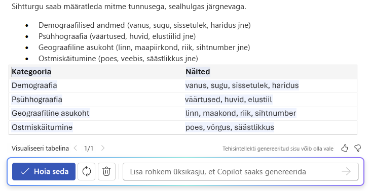 Kuvatõmmis Wordi Copilotist, mis näitab teksti tabeliks teisendamise võimalust