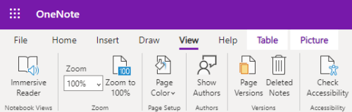 OneNote'i veebirakendus rakenduse suumi juhtelemendid.