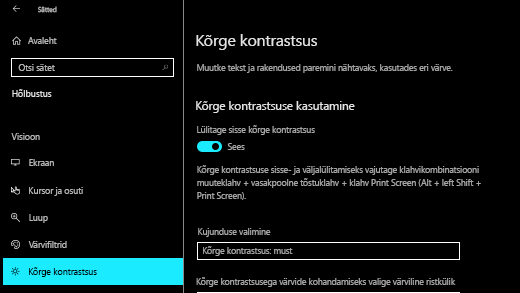 Suure kontrastsuse sisselülitamine Windows 10 rakenduses Sätted.