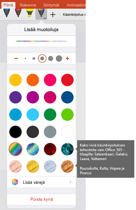 Käsinkirjoituksen värit ja tehosteet piirtämiseen käsinkirjoituksella Officessa iOS:ssä