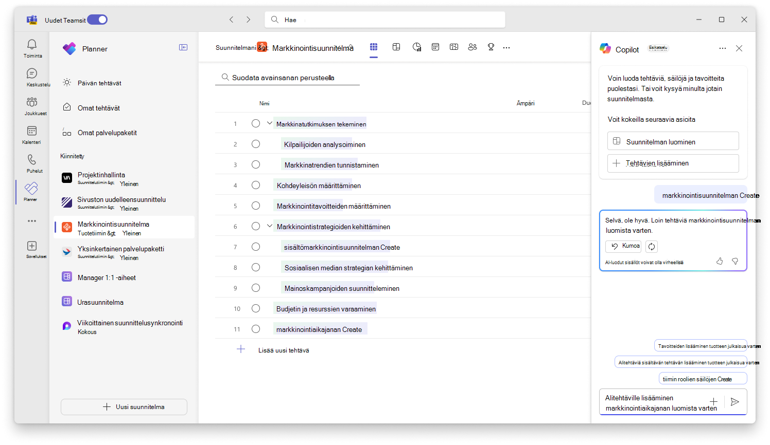 Näyttökuvassa näkyy Plannerin Copilotin käyttöliittymä, jossa luodaan uusi suunnitelma.