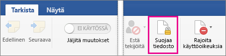 Tarkista-välilehden Suojaa asiakirja -kohta on korostettu