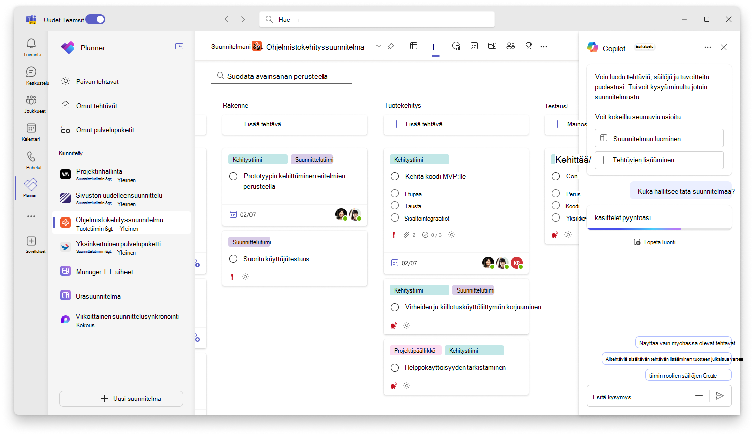 Näyttökuvassa näkyy Plannerin Copilotin käyttöliittymä, jossa seurataan edistymistä.